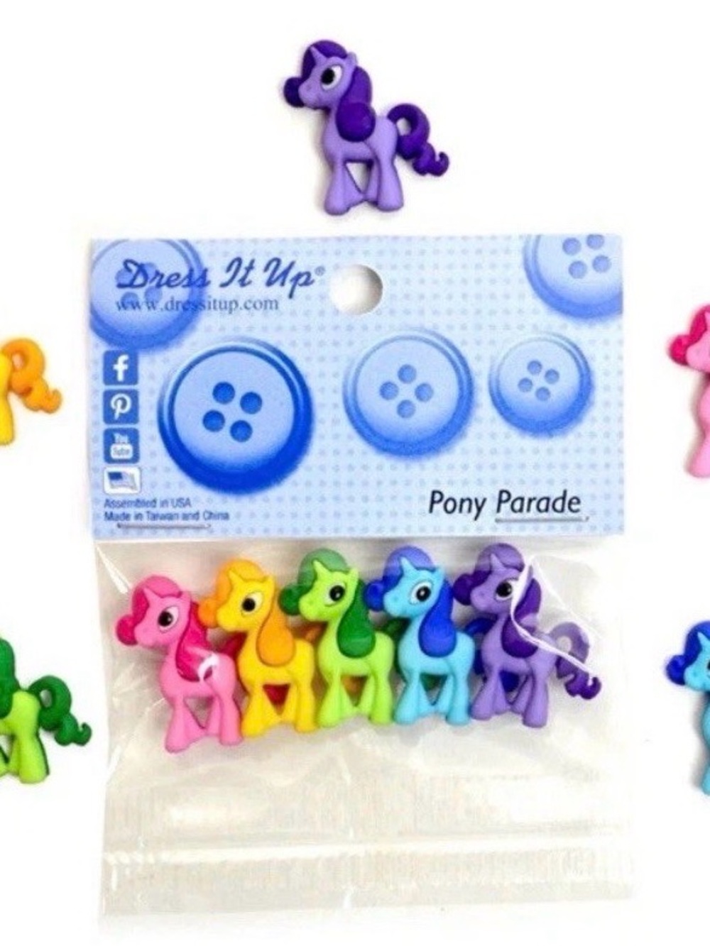 Dress It Up "Pony Parade" Novelty Craft Buttons - 5pc Multicolor Pony Embellishm